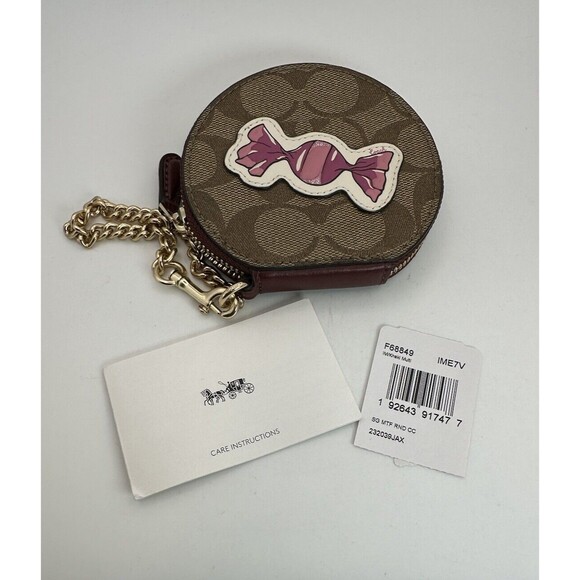NWT Coach F68849 Round Coin Case in Signature Canvas Pink Candy Chain Ltd. Edit. - Picture 11 of 15